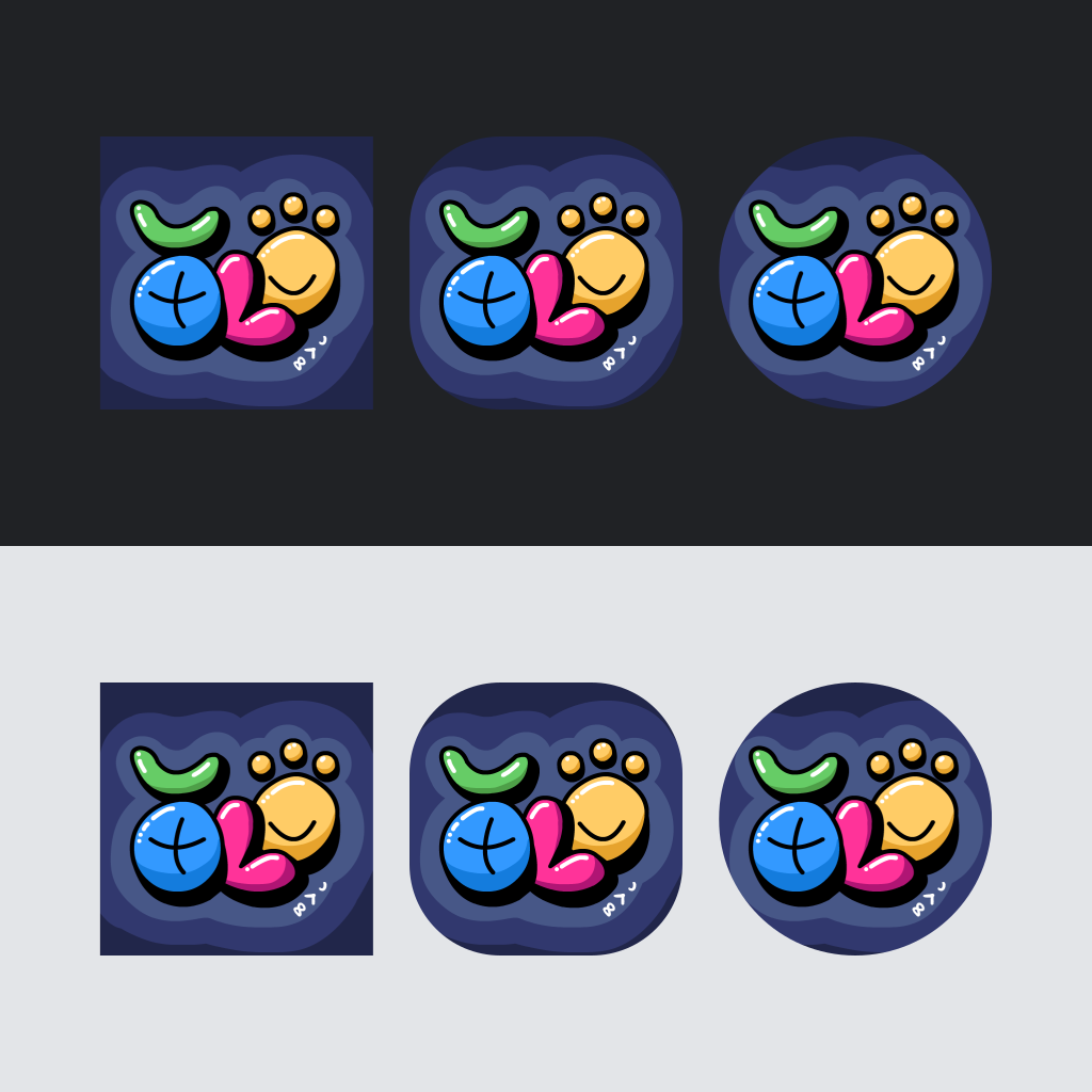 jan Melon's winning contest logo presented six times, three in light mode and three in dark mode. The logo is playful and colourful and uses the 'sitelen pona' writing system